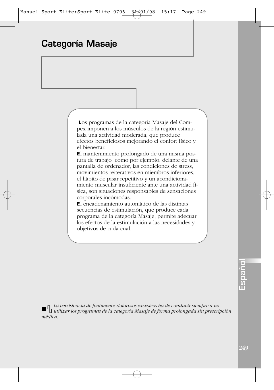 Categoría masaje, Español | Compex Sport Elite User Manual | Page 249 / 320