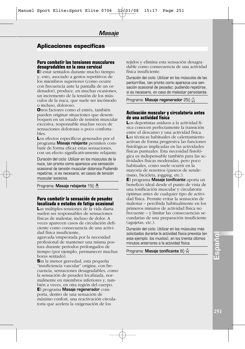 Español, Masaje, Aplicaciones específicas | Compex Sport Elite User Manual | Page 251 / 320