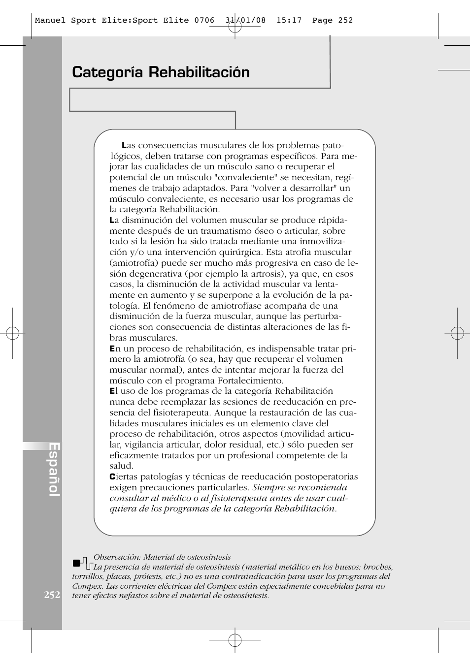 Categoría rehabilitación, Español | Compex Sport Elite User Manual | Page 252 / 320