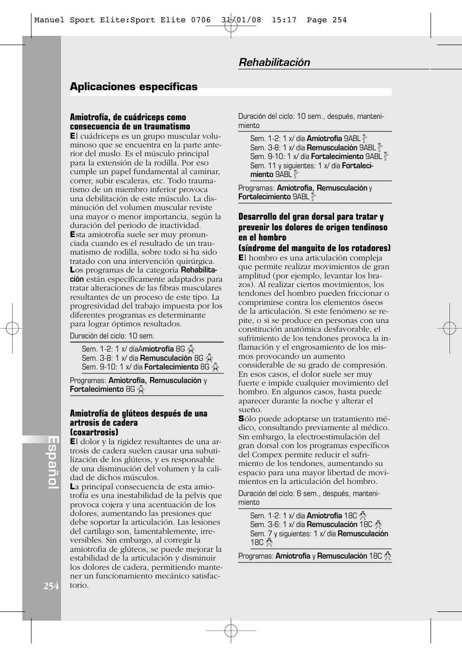 Español, Rehabilitación | Compex Sport Elite User Manual | Page 254 / 320