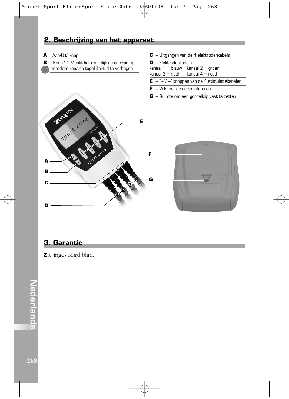 Nederlands, 268 3. garantie, Beschrijving van het apparaat | Compex Sport Elite User Manual | Page 268 / 320