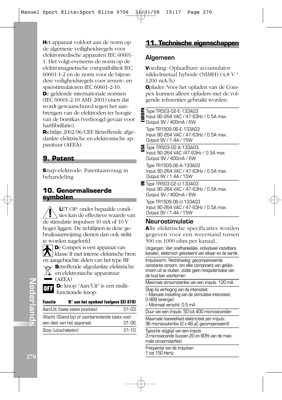 Nederlands, Patent, Genormaliseerde symbolen | Compex Sport Elite User Manual | Page 270 / 320