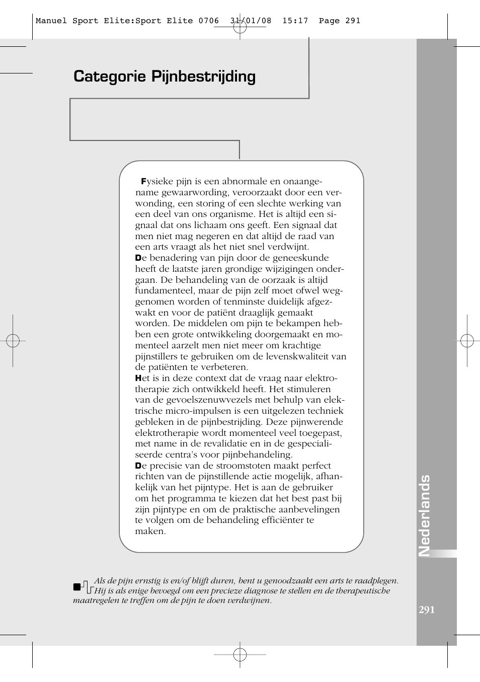Categorie pijnbestrijding, Nederlands | Compex Sport Elite User Manual | Page 291 / 320