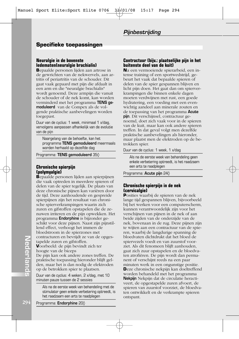Nederlands, Pijnbestrijding, Specifieke toepassingen | Compex Sport Elite User Manual | Page 294 / 320