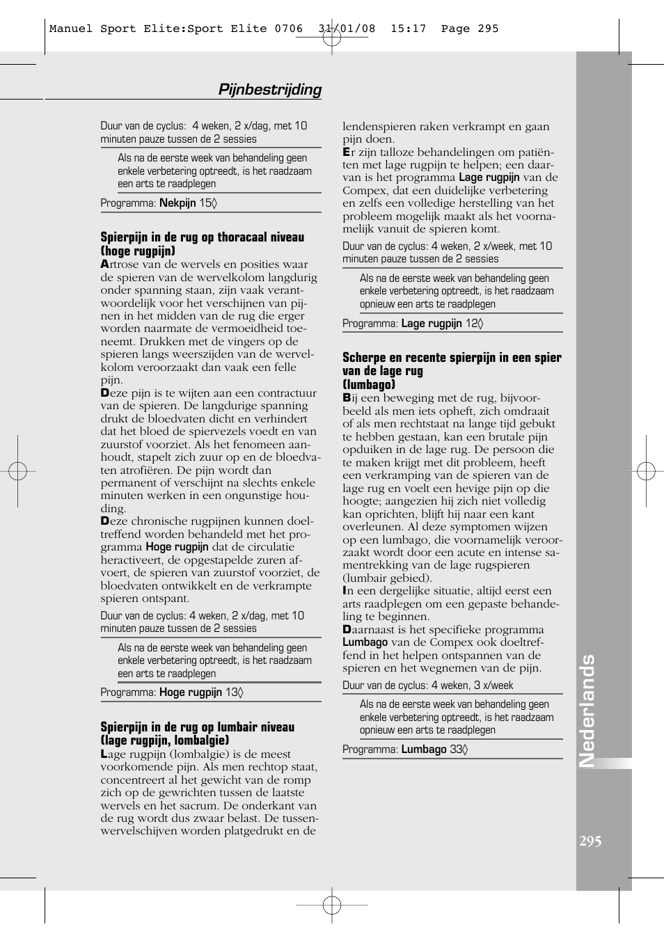 Nederlands, Pijnbestrijding | Compex Sport Elite User Manual | Page 295 / 320