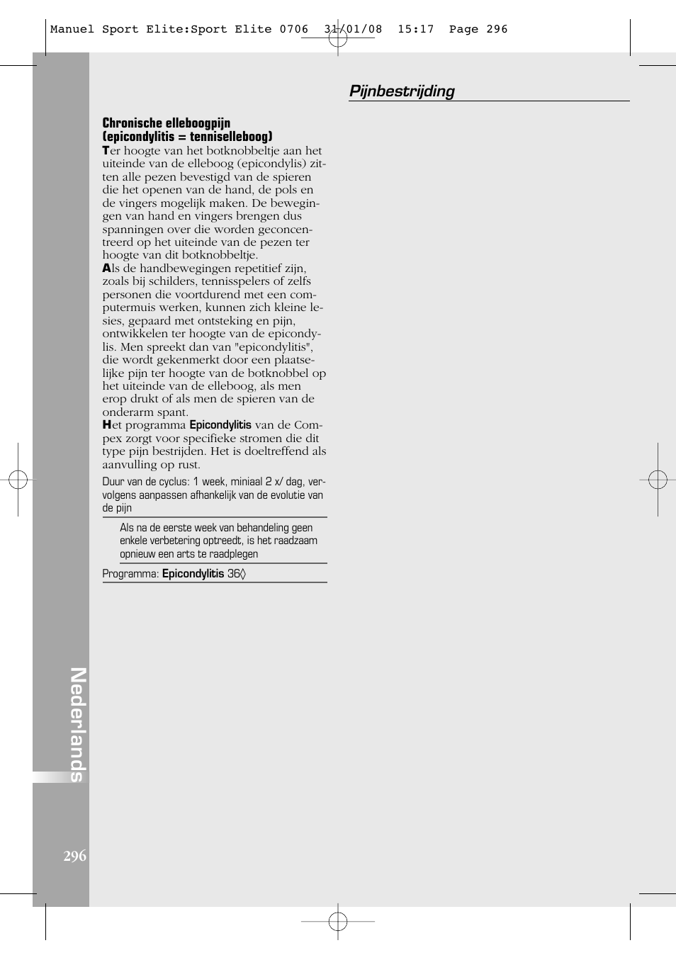 Nederlands, Pijnbestrijding | Compex Sport Elite User Manual | Page 296 / 320