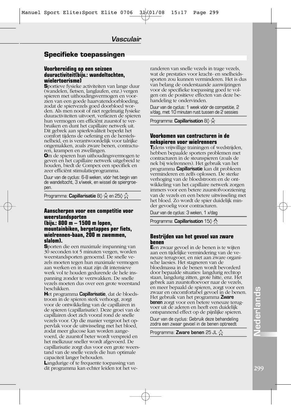 Nederlands, Vasculair, Specifieke toepassingen | Compex Sport Elite User Manual | Page 299 / 320