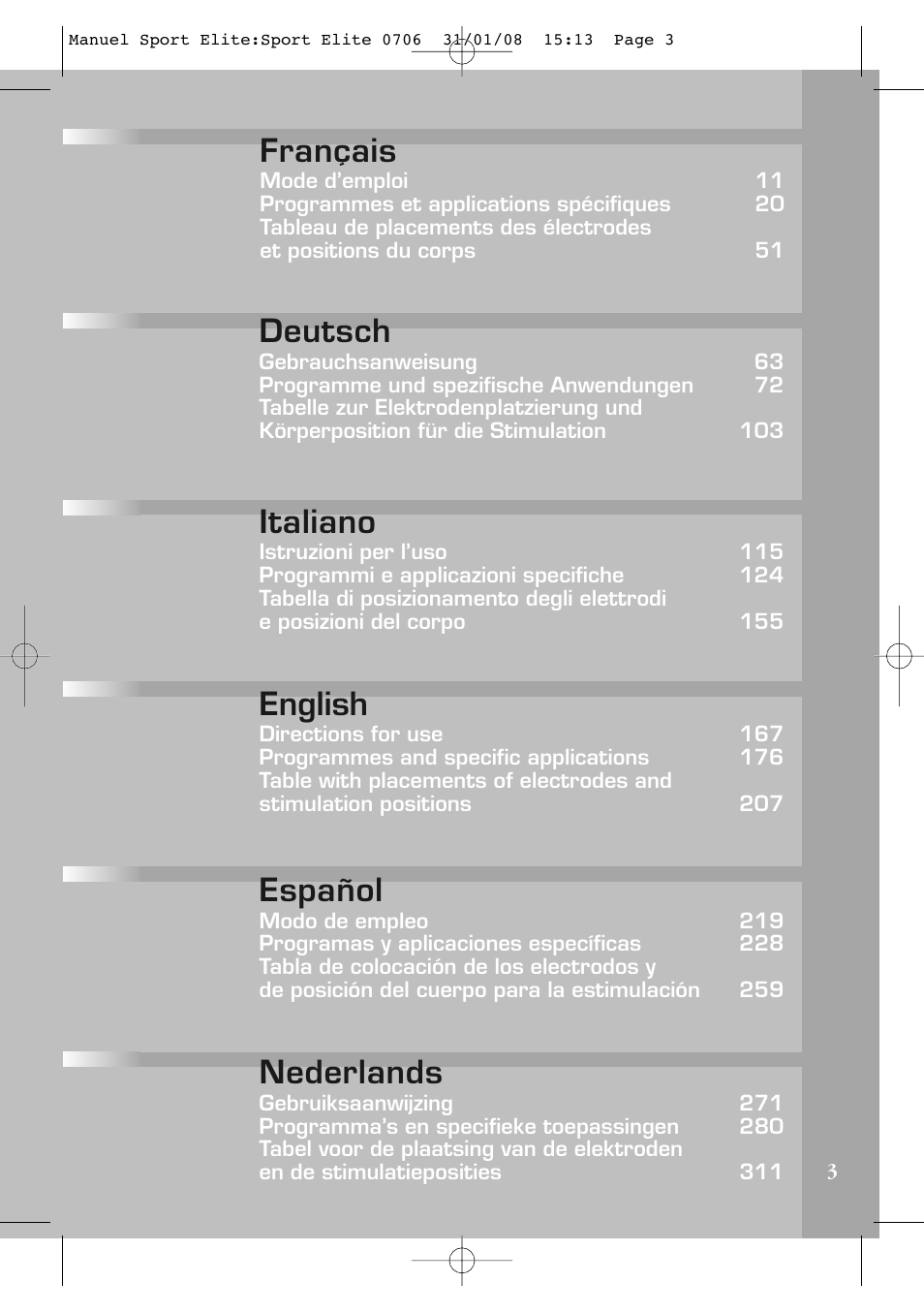 Français, Deutsch, Italiano | English, Español, Nederlands | Compex Sport Elite User Manual | Page 3 / 320
