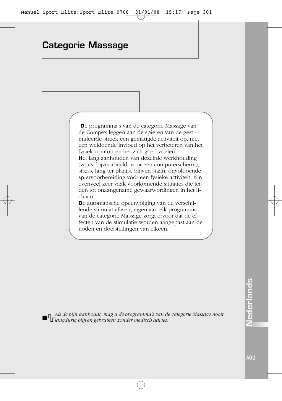 Categorie massage, Nederlands | Compex Sport Elite User Manual | Page 301 / 320