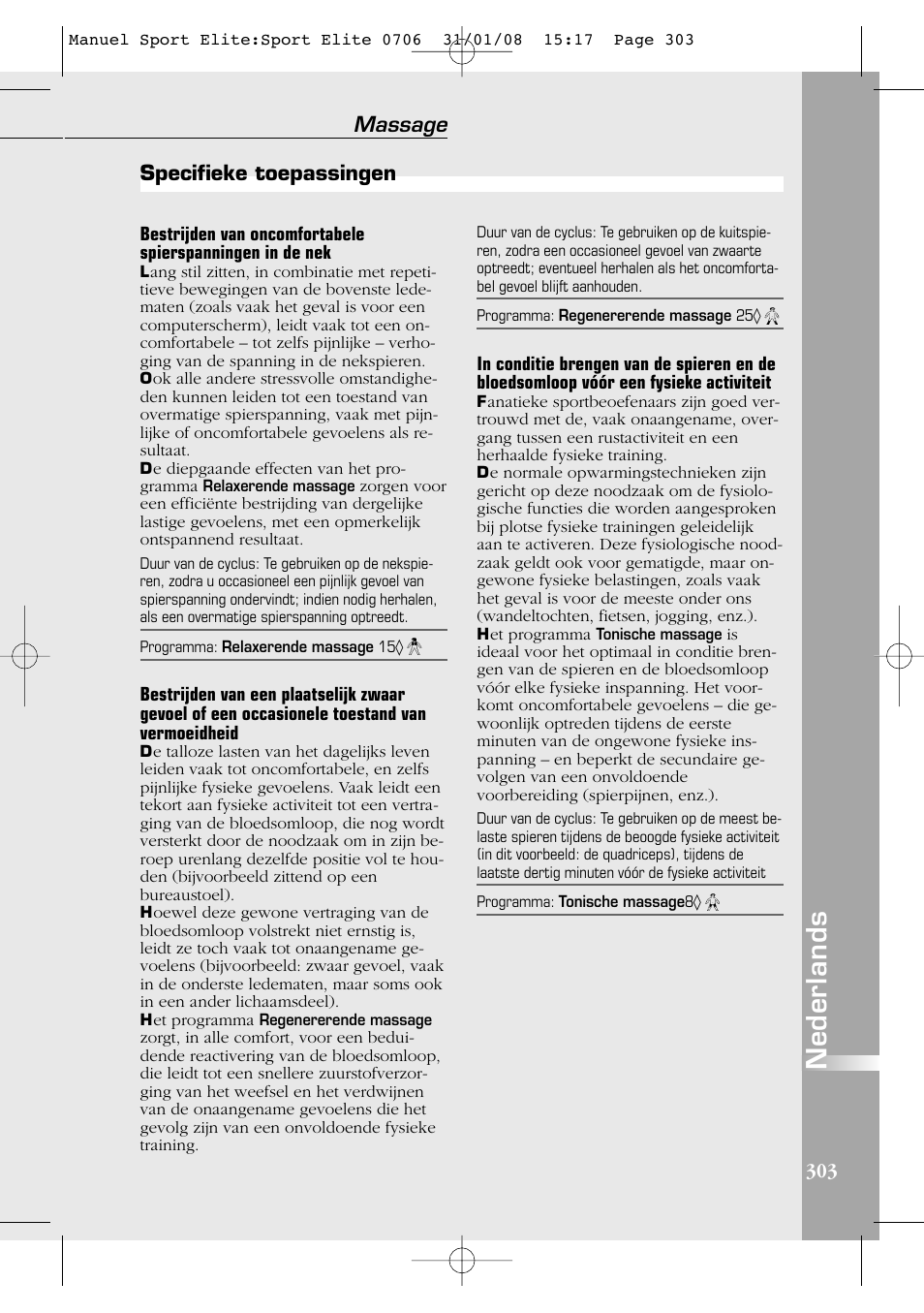 Nederlands, Massage, Specifieke toepassingen | Compex Sport Elite User Manual | Page 303 / 320