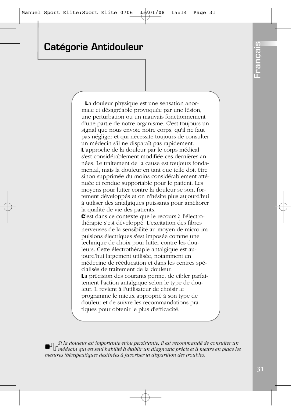Catégorie antidouleur, Français | Compex Sport Elite User Manual | Page 31 / 320