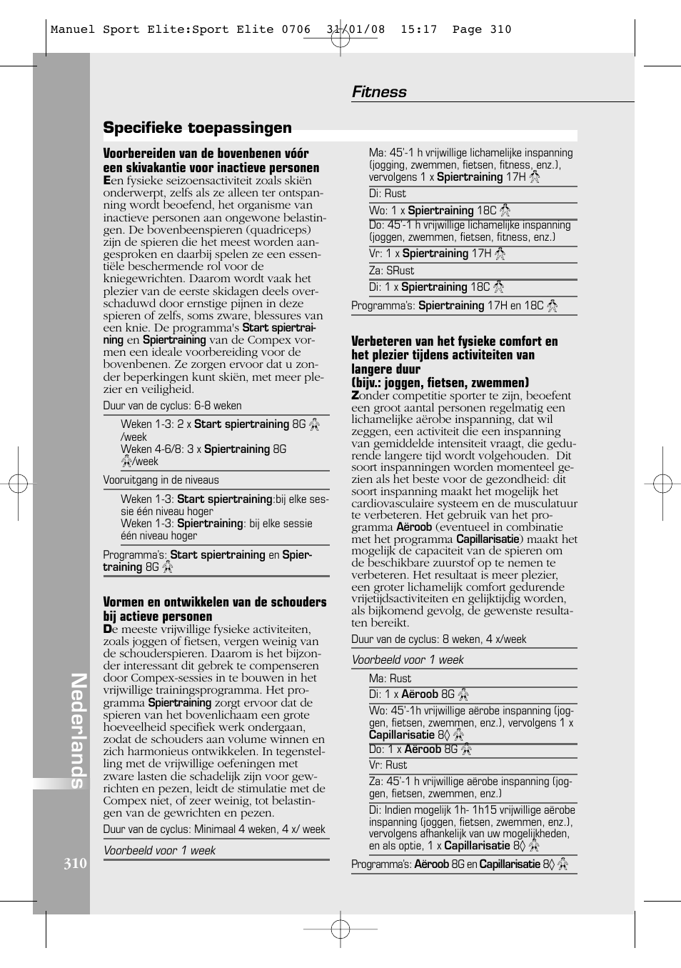 Nederlands, Fitness, Specifieke toepassingen | Compex Sport Elite User Manual | Page 310 / 320