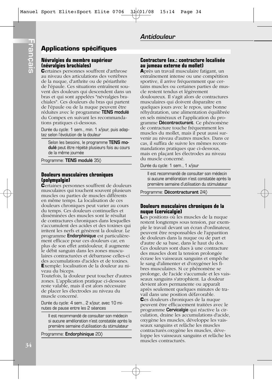 Français, Antidouleur, Applications spécifiques | Compex Sport Elite User Manual | Page 34 / 320