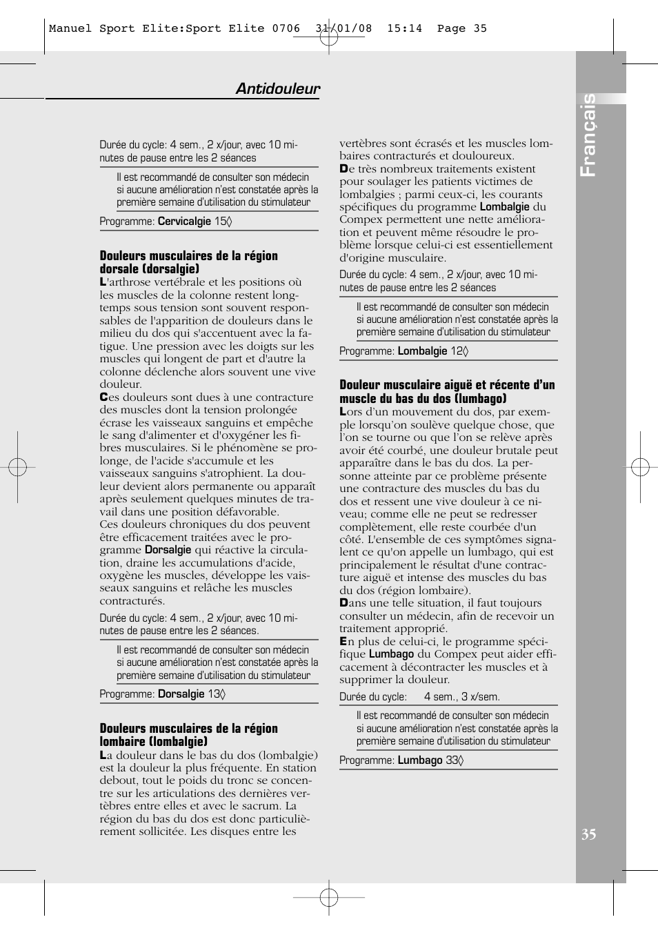 Français, Antidouleur | Compex Sport Elite User Manual | Page 35 / 320