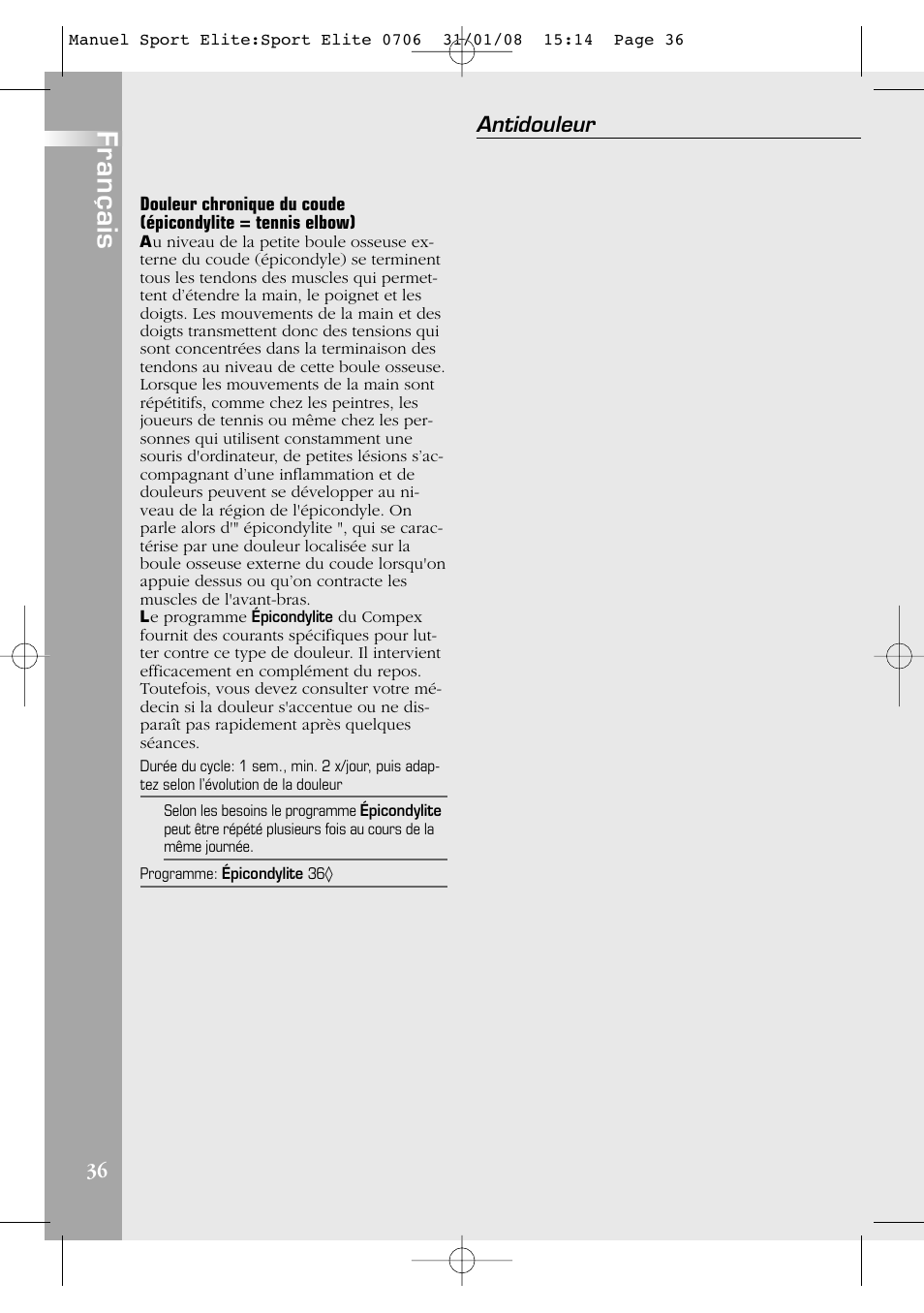 Français, Antidouleur | Compex Sport Elite User Manual | Page 36 / 320