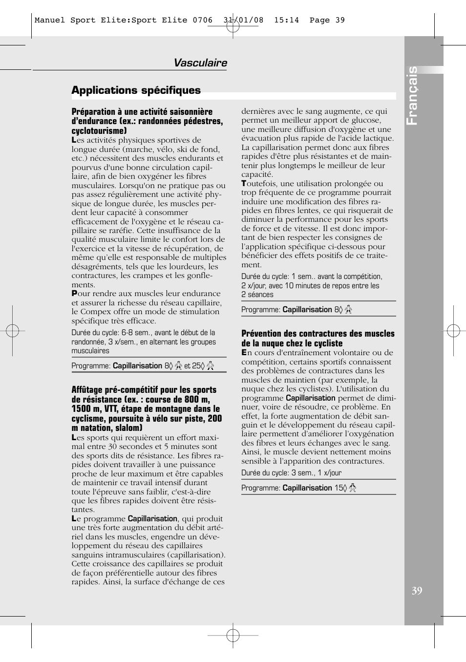 Français, Vasculaire, Applications spécifiques | Compex Sport Elite User Manual | Page 39 / 320