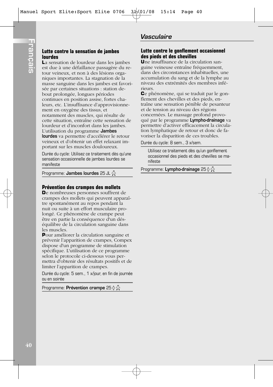 Français, Vasculaire | Compex Sport Elite User Manual | Page 40 / 320