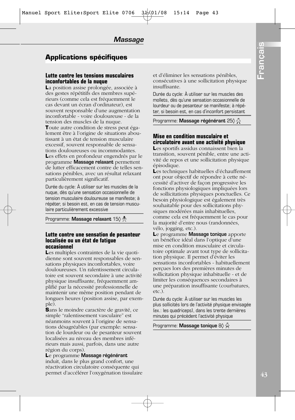 Français, Massage, Applications spécifiques | Compex Sport Elite User Manual | Page 43 / 320