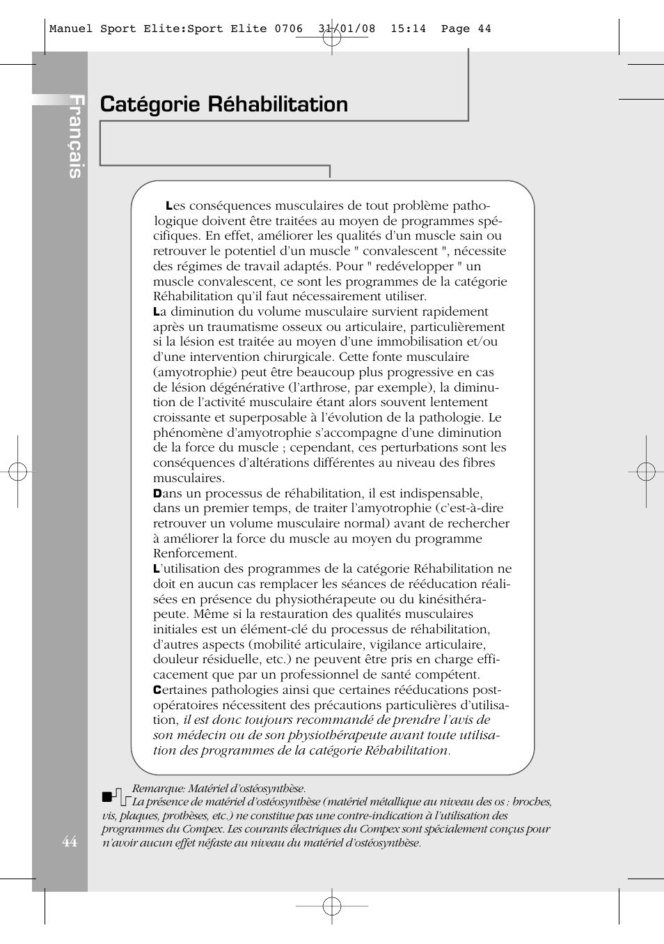 Catégorie réhabilitation, Français | Compex Sport Elite User Manual | Page 44 / 320