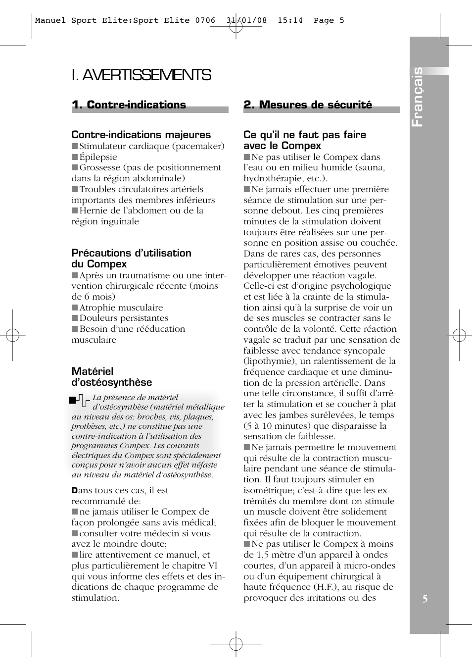 I. avertissements, Français | Compex Sport Elite User Manual | Page 5 / 320