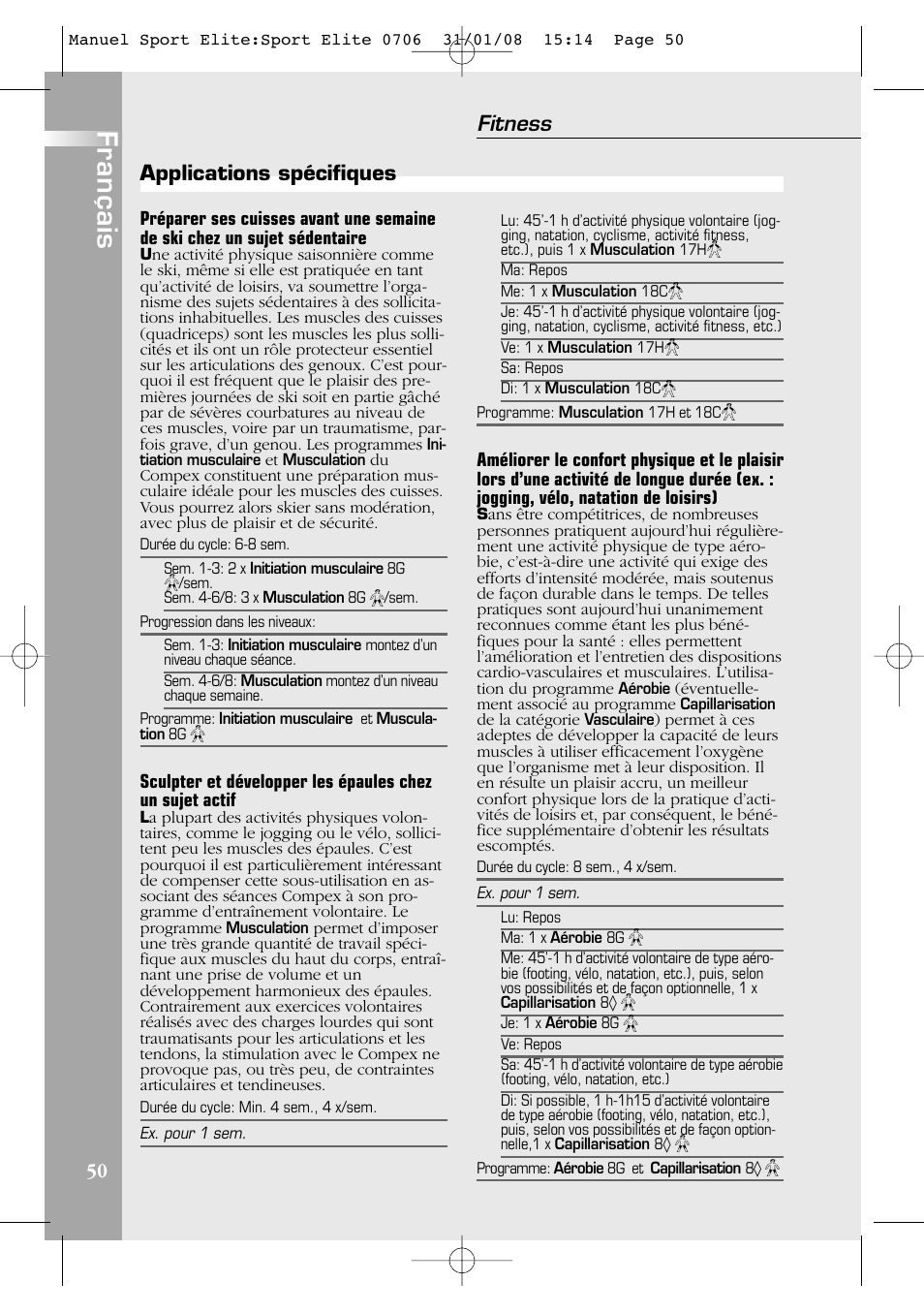 Français, Fitness, Applications spécifiques | Compex Sport Elite User Manual | Page 50 / 320