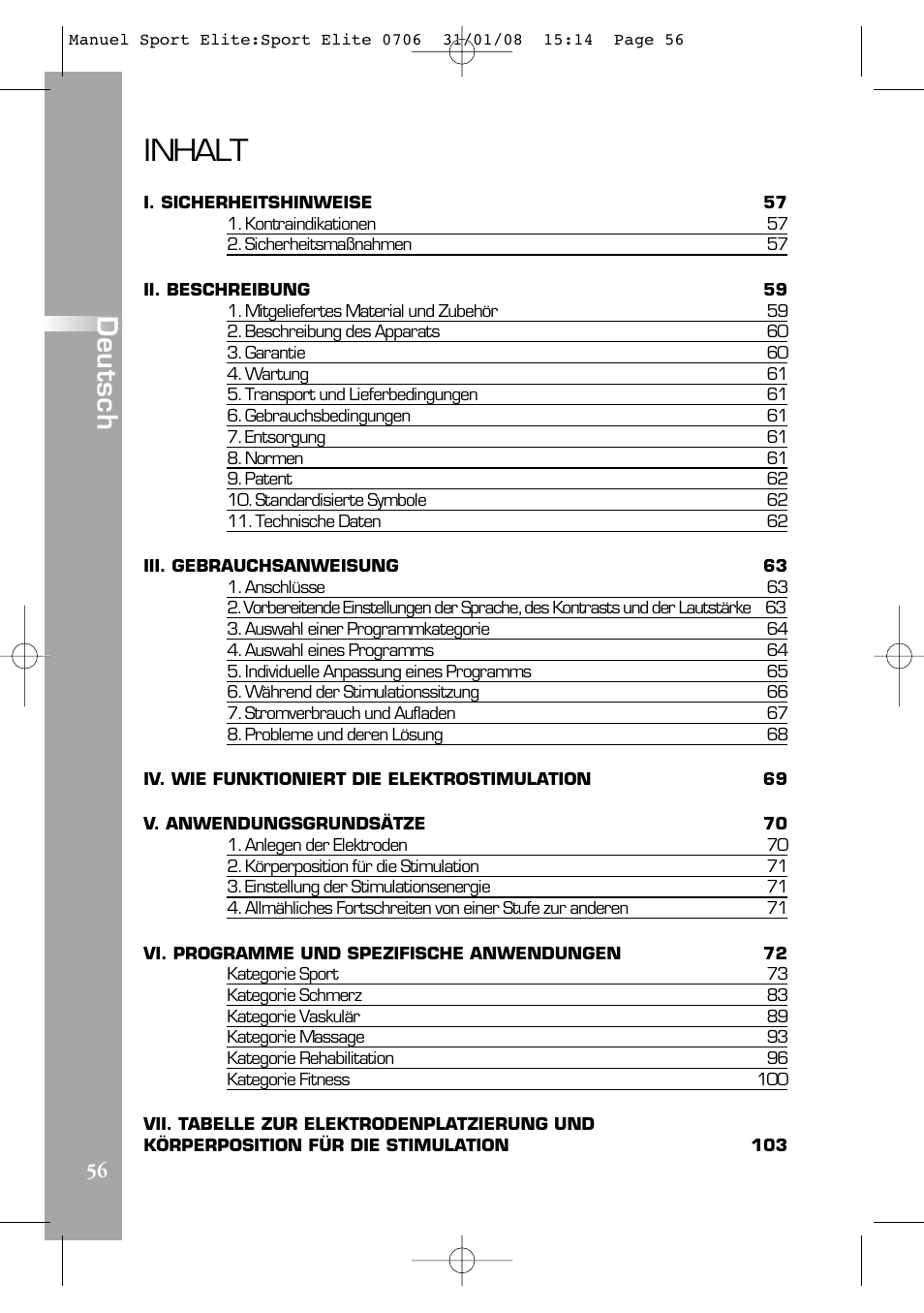 Inhalt, Deutsch | Compex Sport Elite User Manual | Page 56 / 320