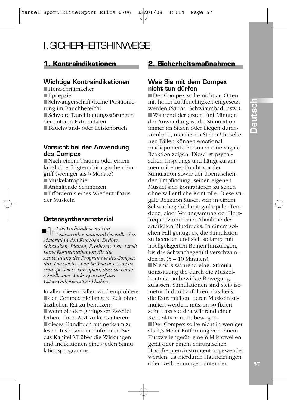 I. sicherheitshinweise, Deutsch | Compex Sport Elite User Manual | Page 57 / 320