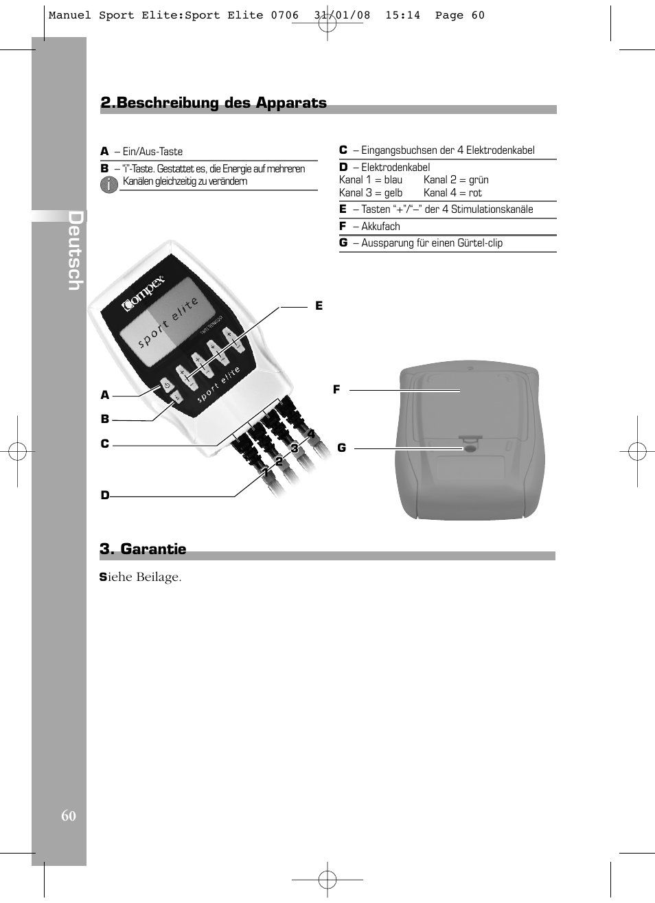 Deutsch, 60 3. garantie, Beschreibung des apparats | Compex Sport Elite User Manual | Page 60 / 320