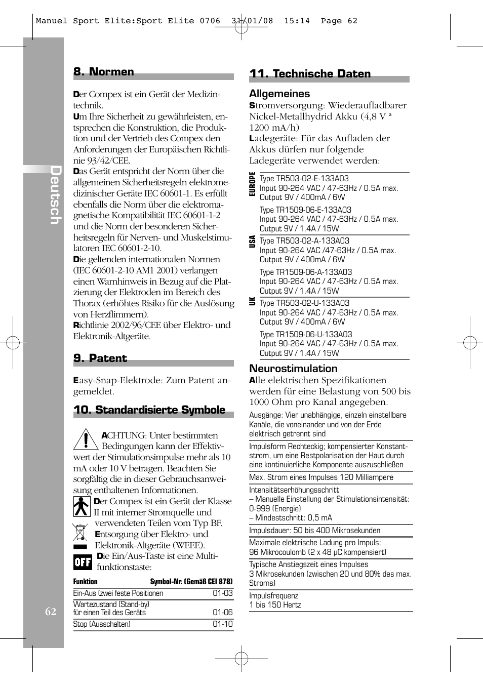 Deutsch, 62 8. normen, Patent | Standardisierte symbole, Technische daten | Compex Sport Elite User Manual | Page 62 / 320