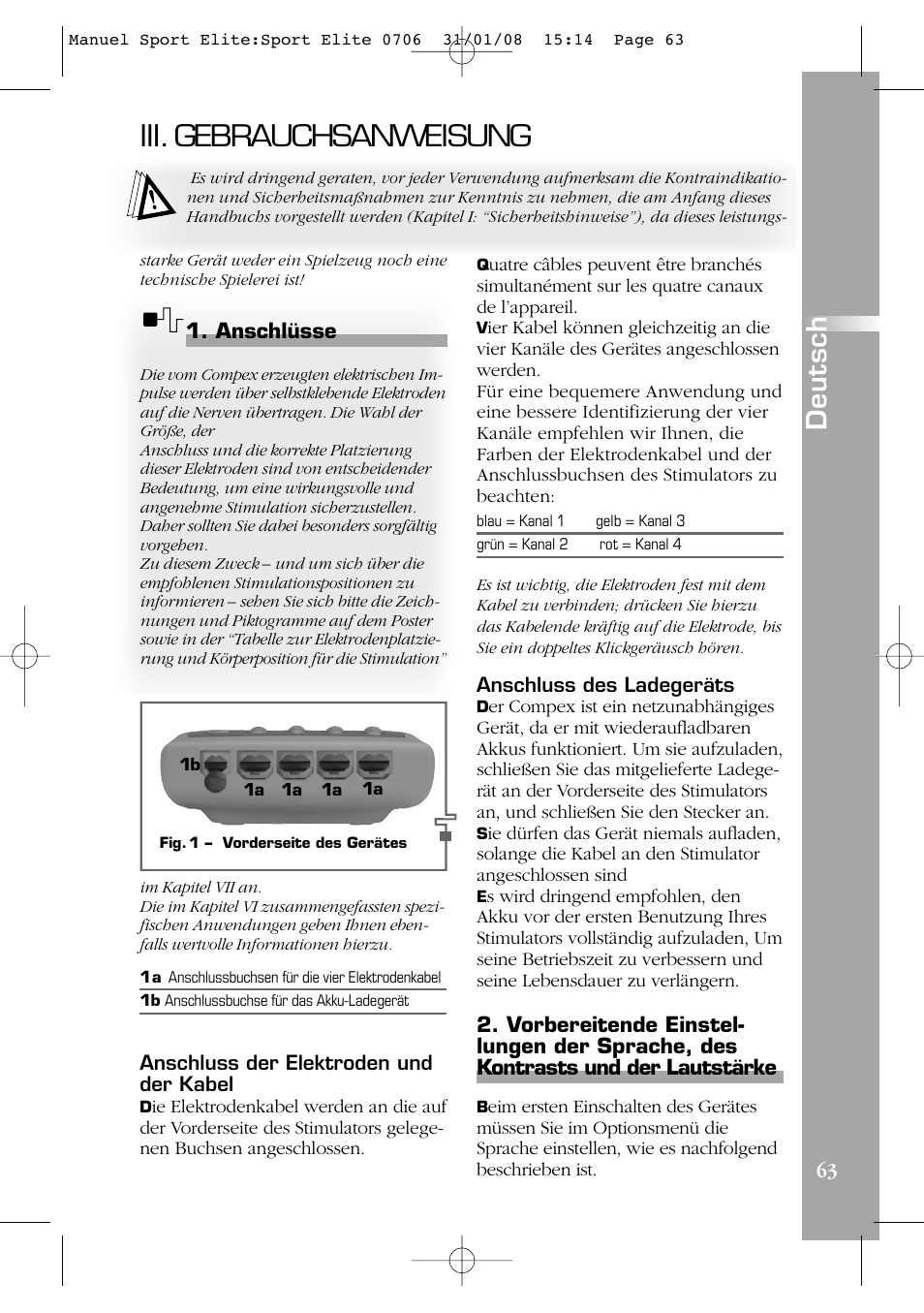 Iii. gebrauchsanweisung, Deutsch | Compex Sport Elite User Manual | Page 63 / 320