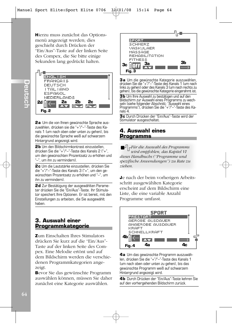 Deutsch, Auswahl einer programmkategorie, Auswahl eines programms | Compex Sport Elite User Manual | Page 64 / 320