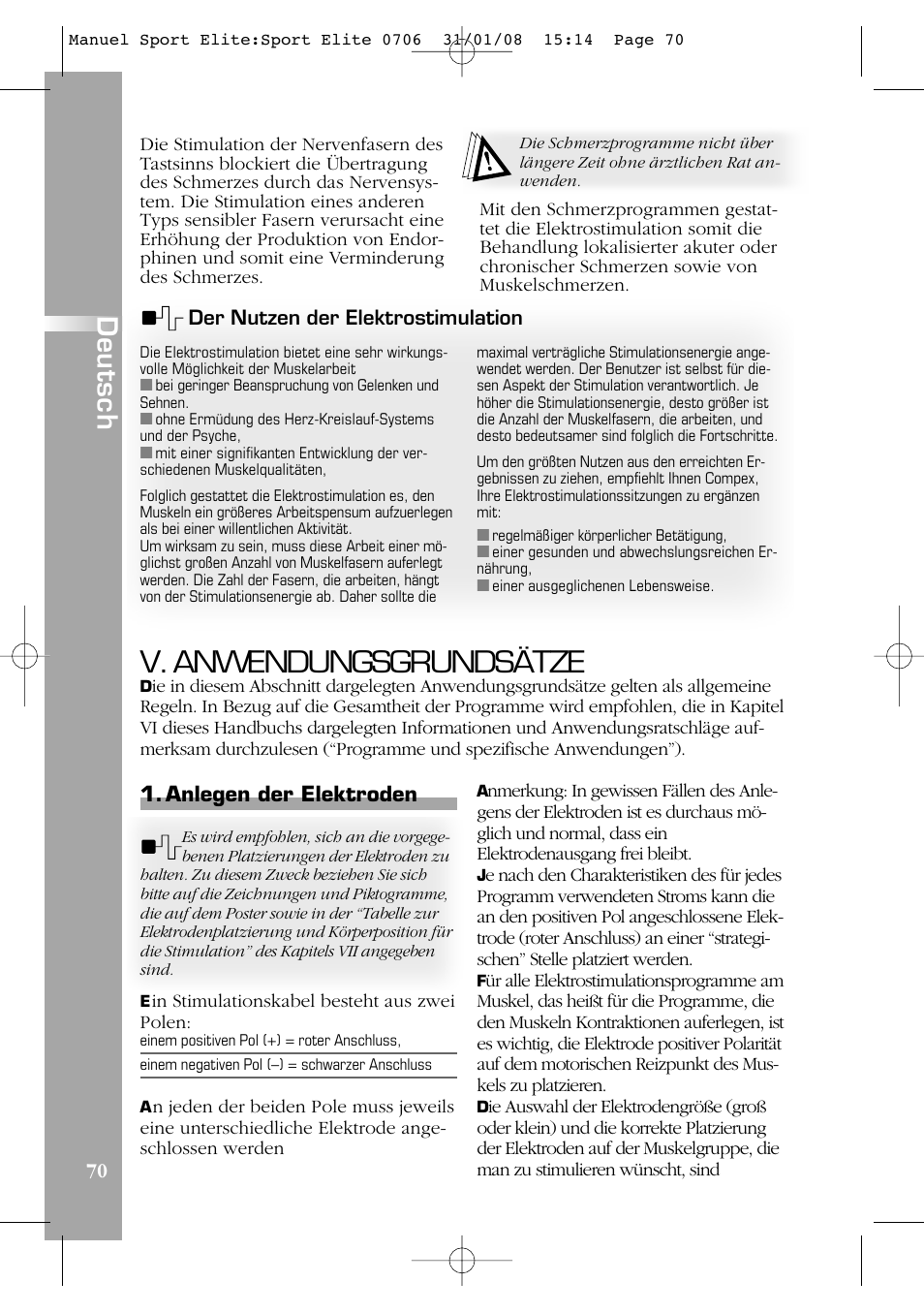 V. anwendungsgrundsätze, Deutsch | Compex Sport Elite User Manual | Page 70 / 320
