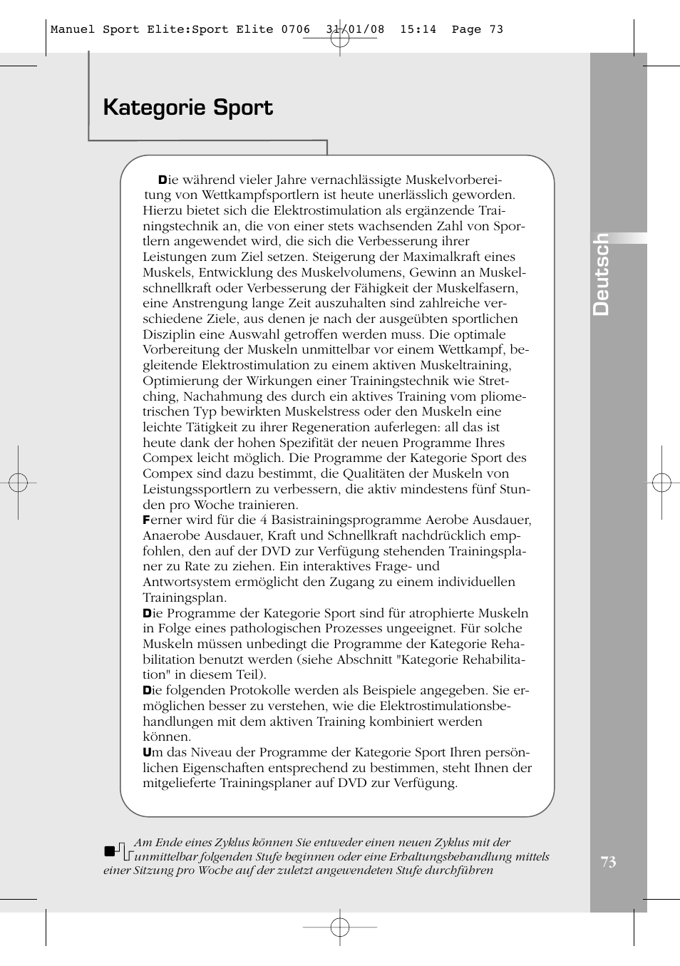 Kategorie sport, Deutsch | Compex Sport Elite User Manual | Page 73 / 320
