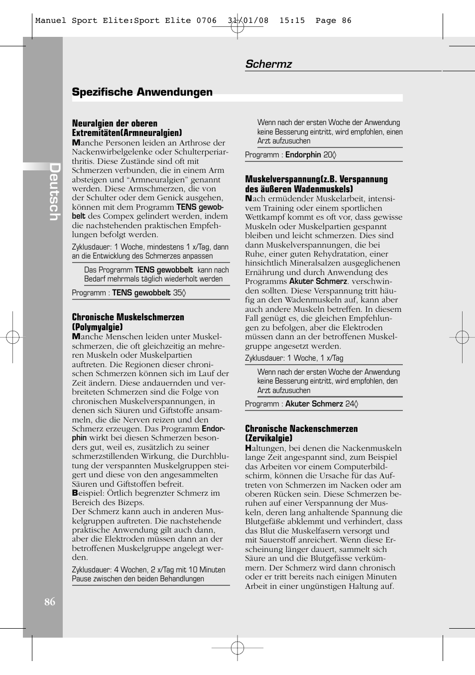Deutsch, Schermz, Spezifische anwendungen | Compex Sport Elite User Manual | Page 86 / 320