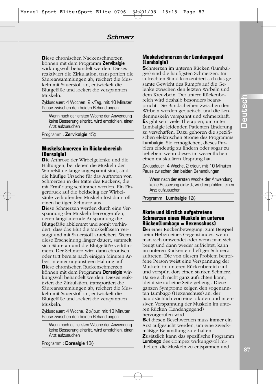 Deutsch, Schmerz | Compex Sport Elite User Manual | Page 87 / 320