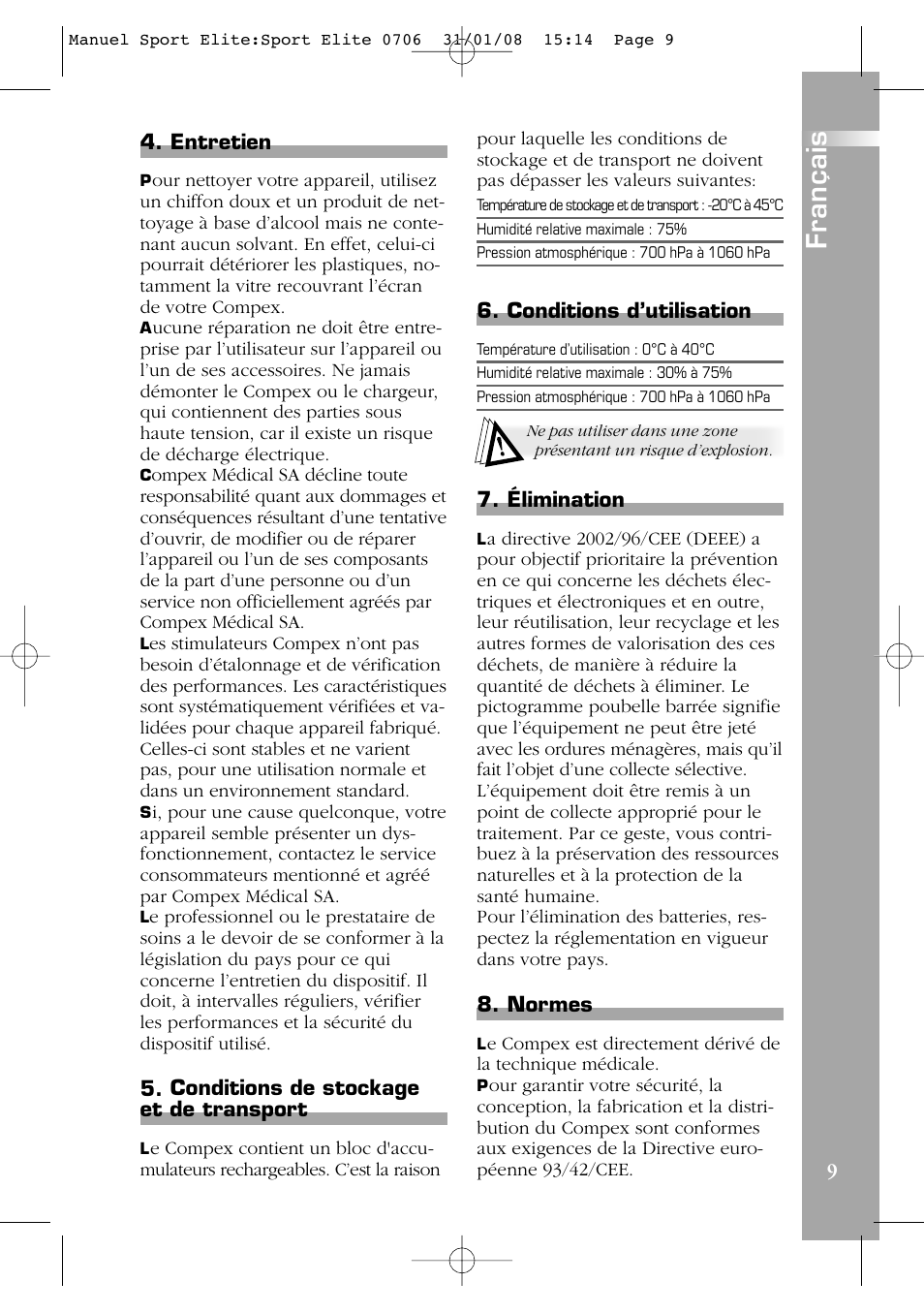 Français | Compex Sport Elite User Manual | Page 9 / 320