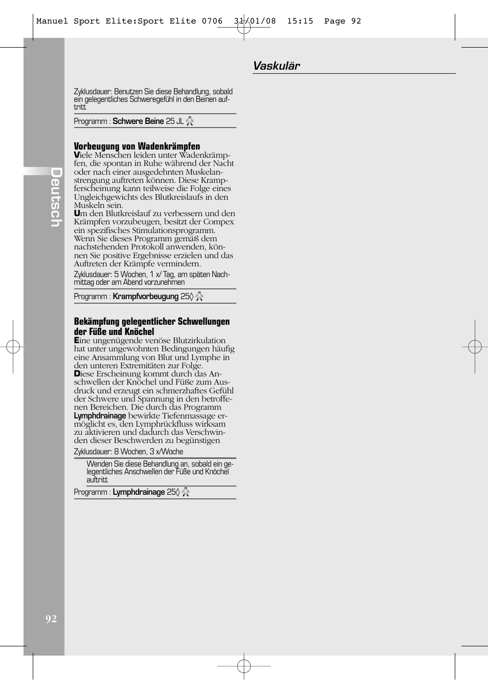 Deutsch, Vaskulär | Compex Sport Elite User Manual | Page 92 / 320