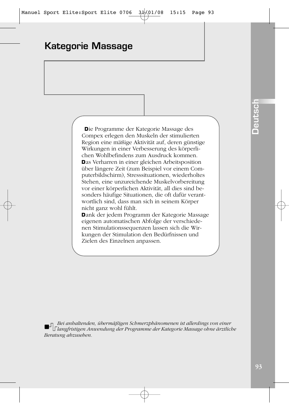 Kategorie massage, Deutsch | Compex Sport Elite User Manual | Page 93 / 320