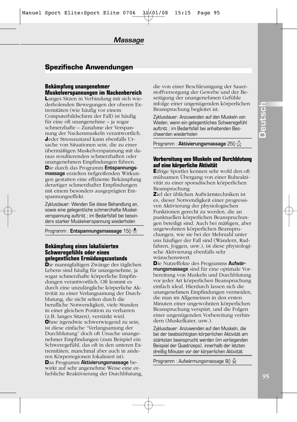 Deutsch, Massage, Spezifische anwendungen | Compex Sport Elite User Manual | Page 95 / 320