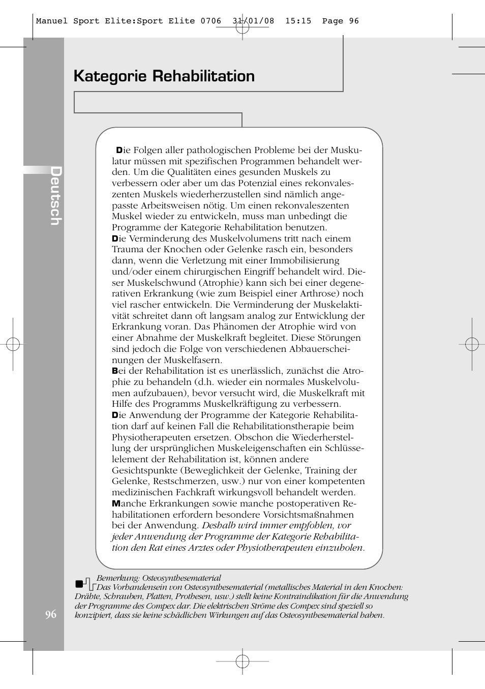 Kategorie rehabilitation, Deutsch | Compex Sport Elite User Manual | Page 96 / 320