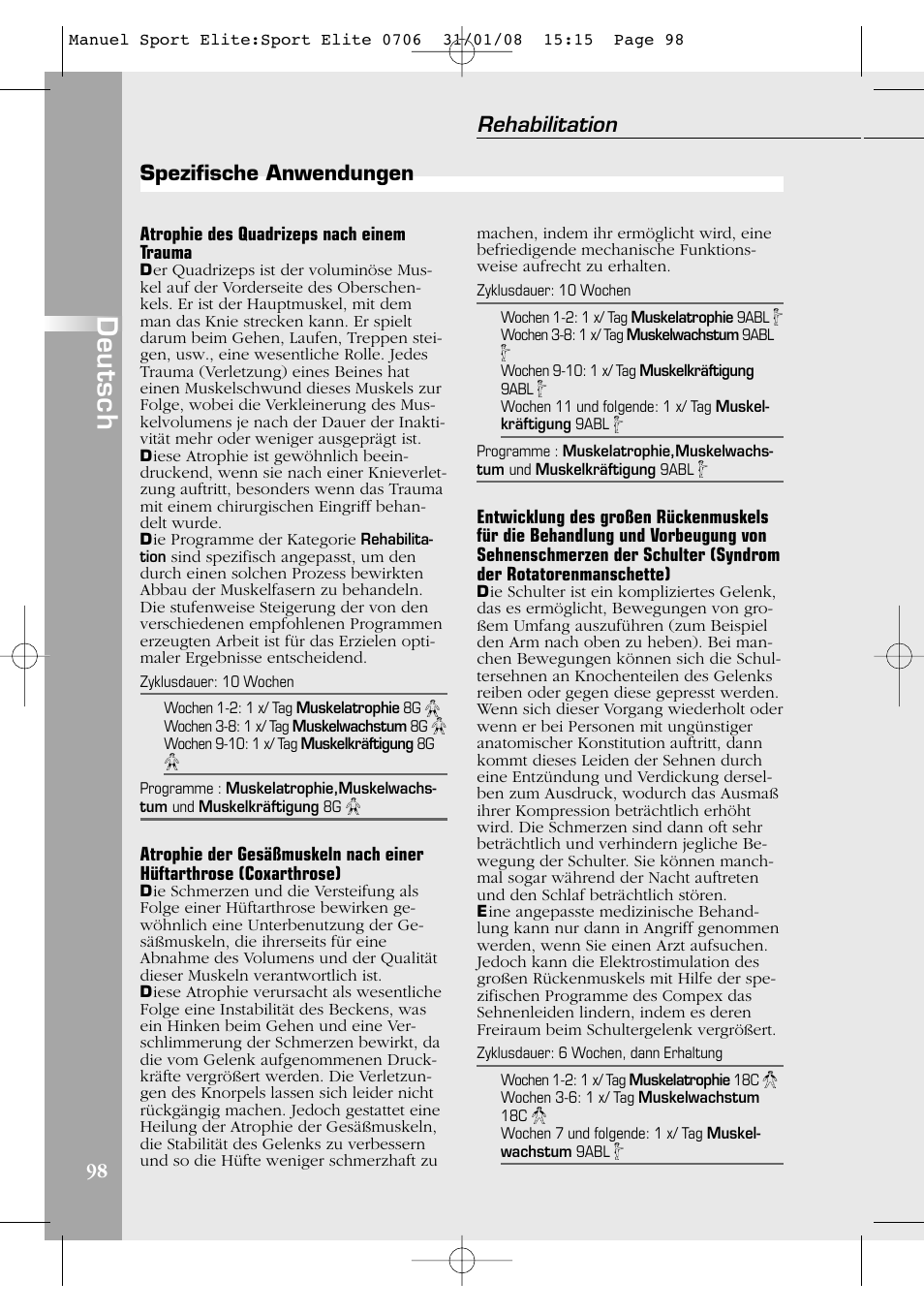 Deutsch, Rehabilitation | Compex Sport Elite User Manual | Page 98 / 320
