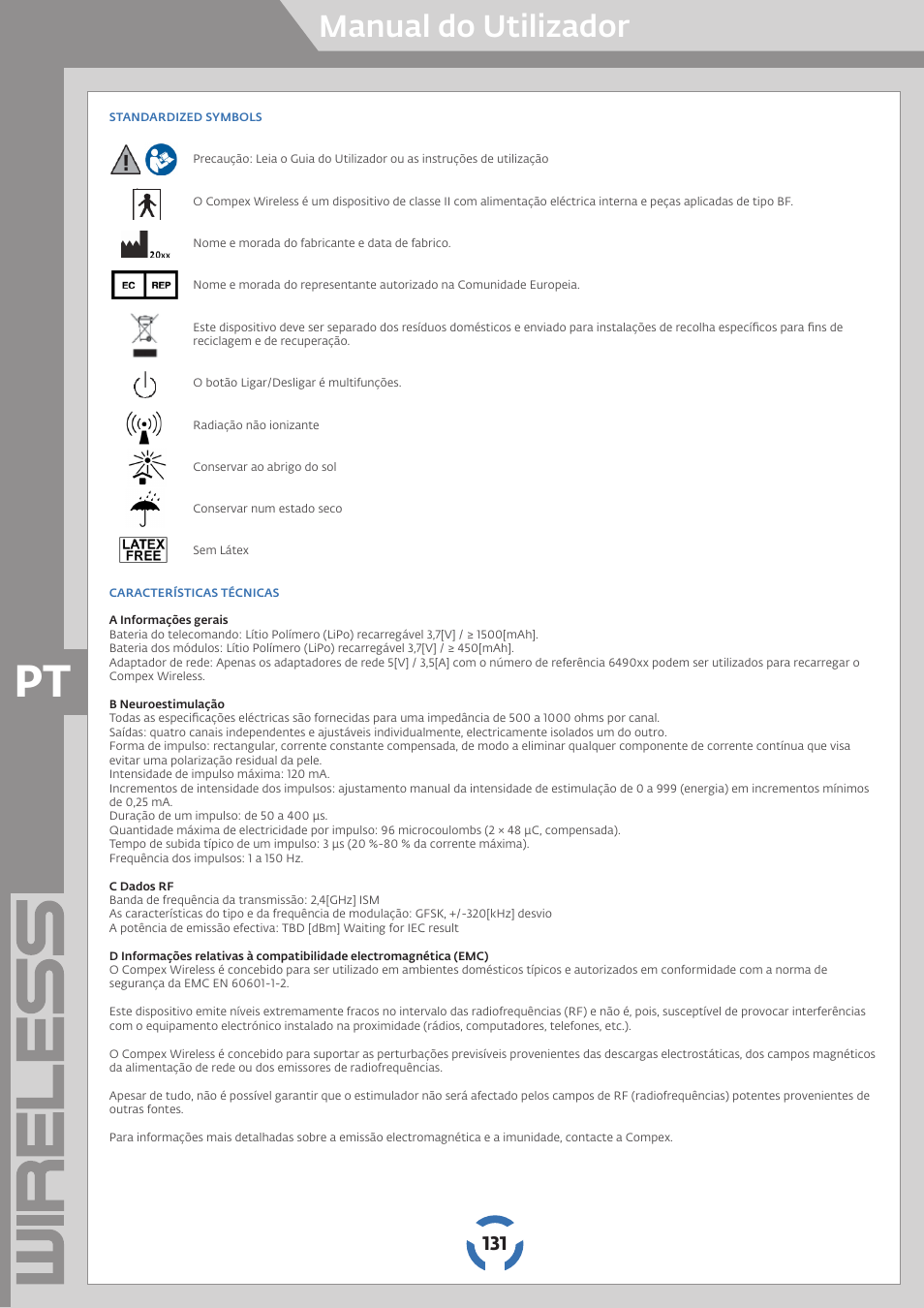 Manual do utilizador | Compex Wireless User Manual | Page 132 / 147