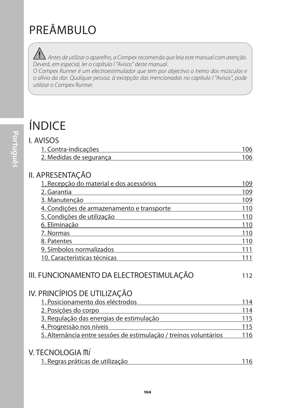 Preâmbulo, Índice | Compex Runner User Manual | Page 106 / 139