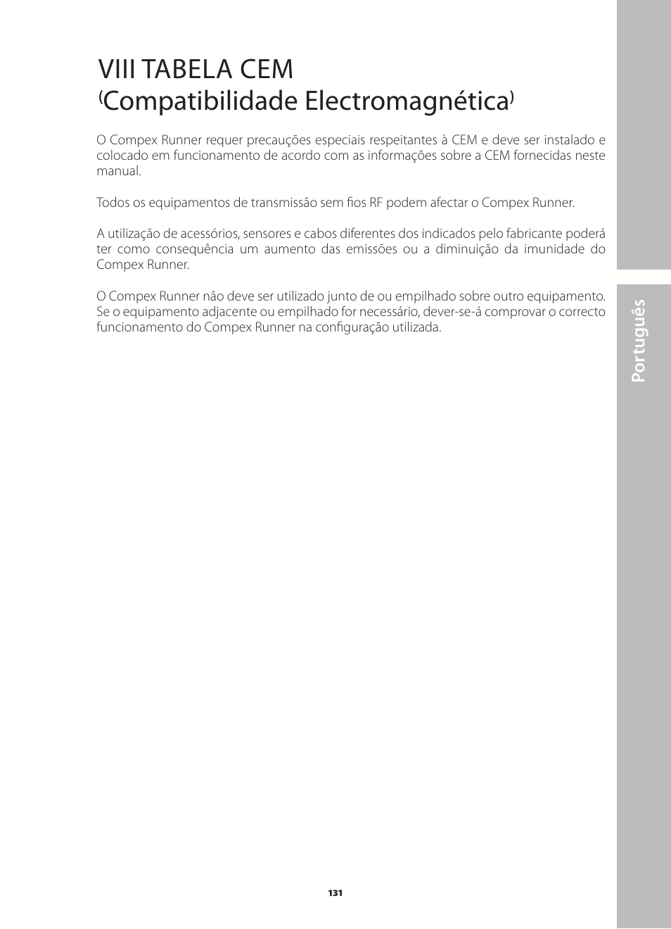 Viii tabela cem (compatibilidade electromagnética) | Compex Runner User Manual | Page 133 / 139
