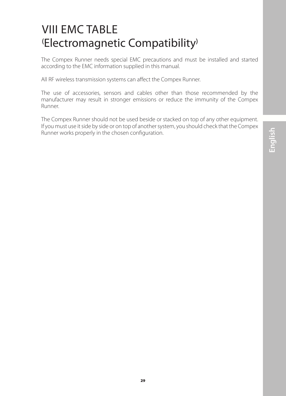 Viii emc table (electromagnetic compatibility) | Compex Runner User Manual | Page 31 / 139