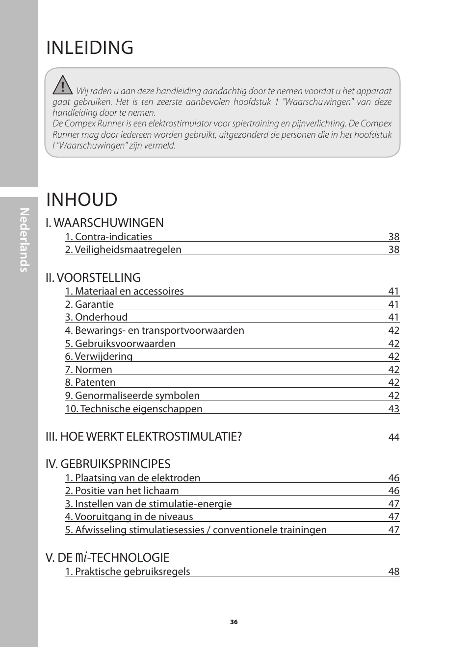 Inleiding, Inhoud | Compex Runner User Manual | Page 38 / 139