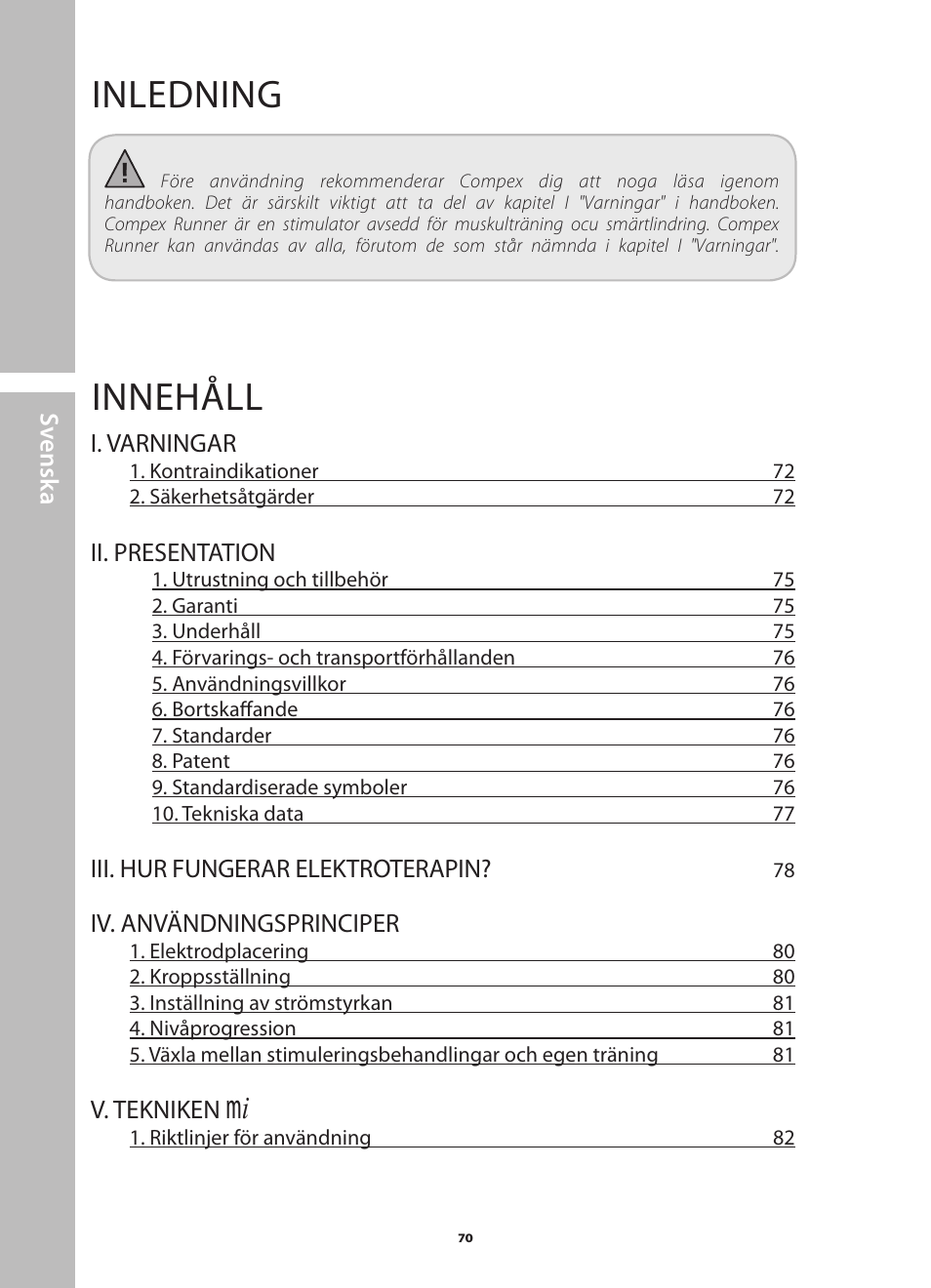 Inledning, Innehåll | Compex Runner User Manual | Page 72 / 139