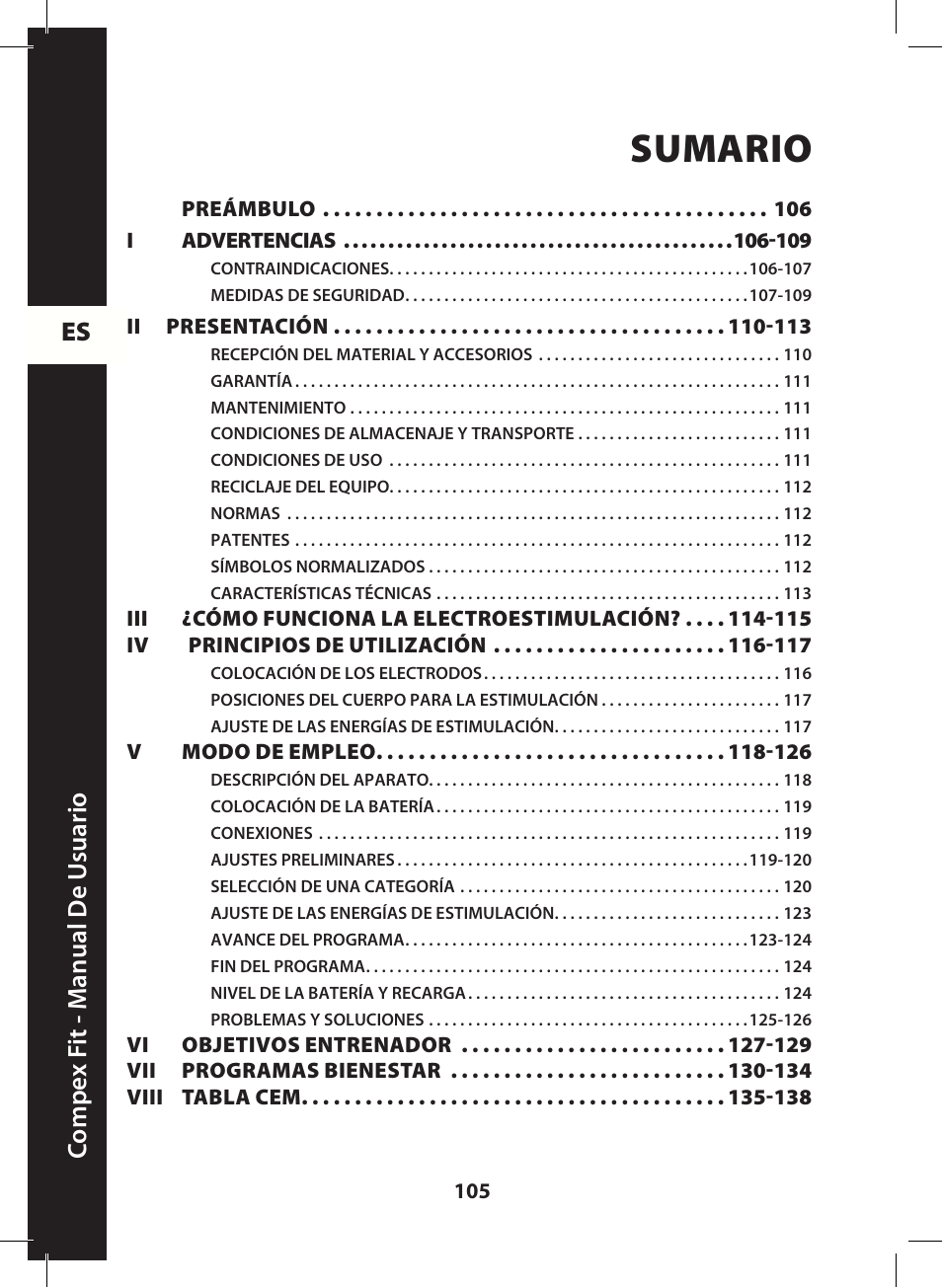 4525160 v3 es, Sumario, Es c ompe x f it - m anual de u suario | Compex FIT User Manual | Page 105 / 172
