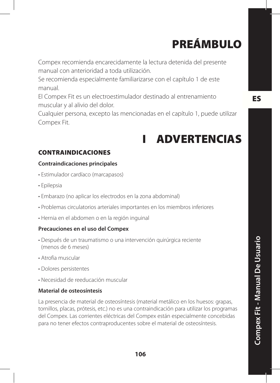 Preámbulo, I advertencias | Compex FIT User Manual | Page 106 / 172