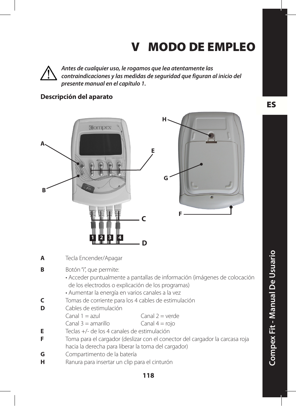 V modo de empleo, Es c ompe x f it - m anual de u suario | Compex FIT User Manual | Page 118 / 172